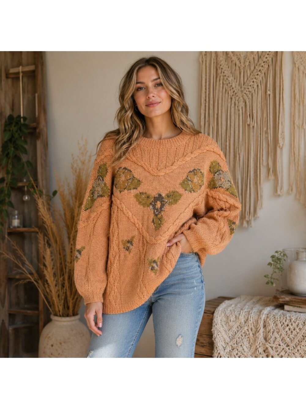 Vintage Wool Blend Peach Floral Cottage-core Grandma Chic Sweater L